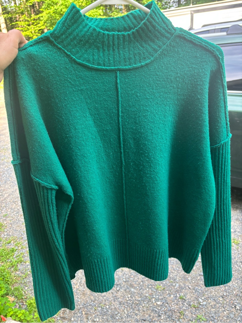 NWT Cozy Chic: Trail Green Cashmere Blend Rib-Sleeve Mock Neck Sweater - Picture 3 of 8